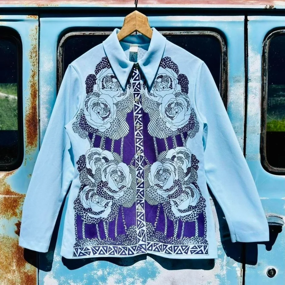 70s blue & purple psychedelic rose woven poly jacket w/ dagger collar